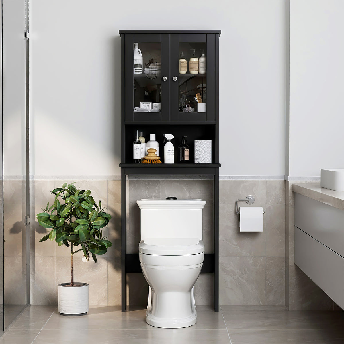 Meilocar Over the Toilet Storage Cabinet, Bathroom Storage Cabinet, 65.4 Inch Space Saver, Storage Organizer Over Toilet with Glass Doors and Adjustable Shelf