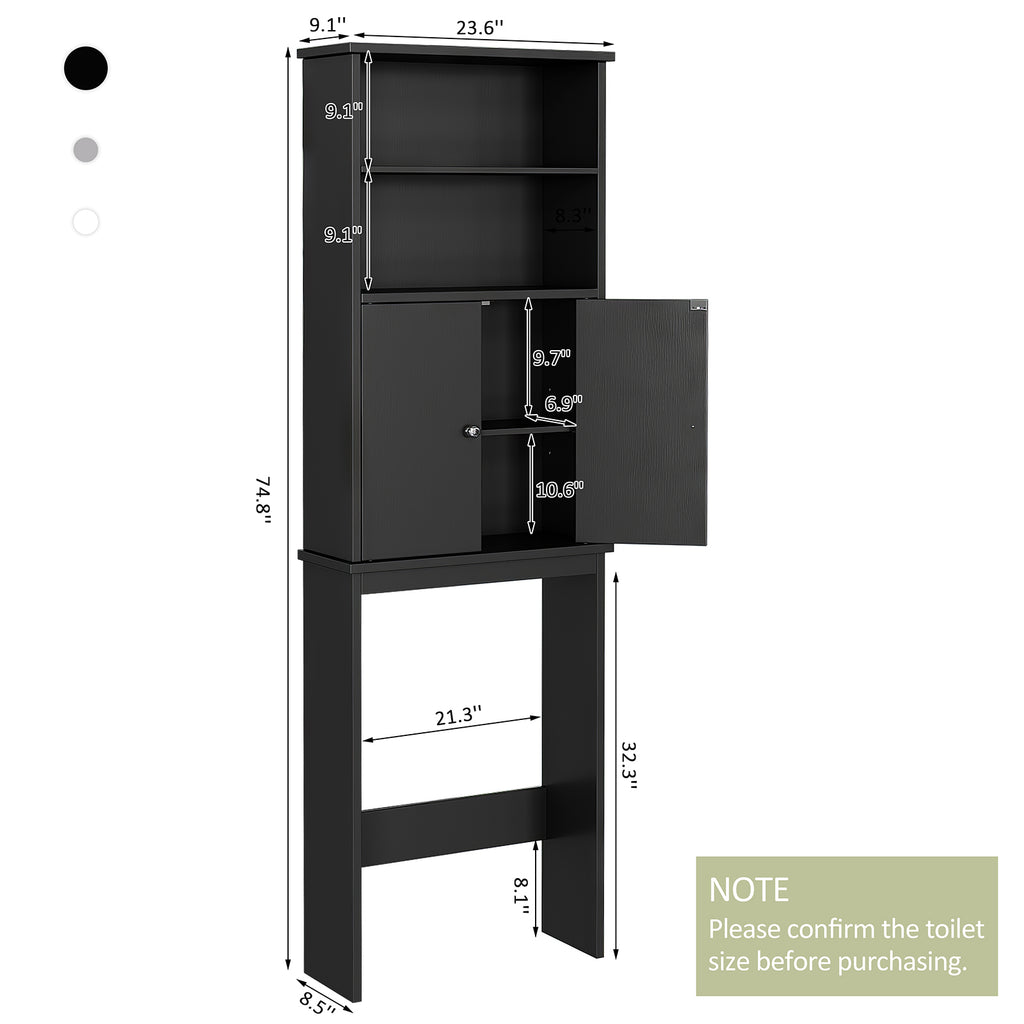 Meilocar Over the Toilet Storage Cabinet for Bathroom, 75in Black Over Toilet Cabinet Freestanding Storage Organizer, Space Saver with Doors and Adjustable Shelf