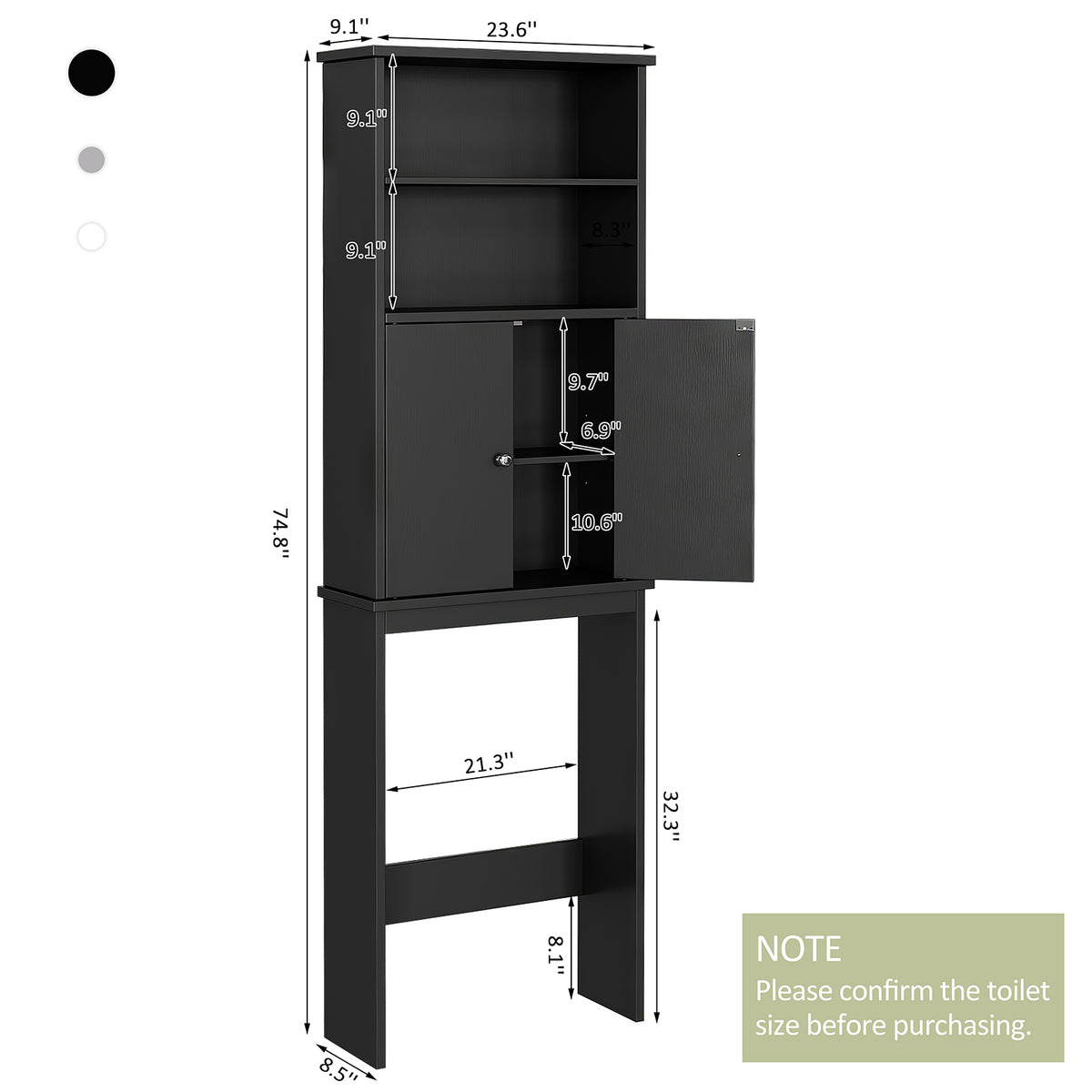 Meilocar Over the Toilet Storage Cabinet for Bathroom, 75in Black Over Toilet Cabinet Freestanding Storage Organizer, Space Saver with Doors and Adjustable Shelf