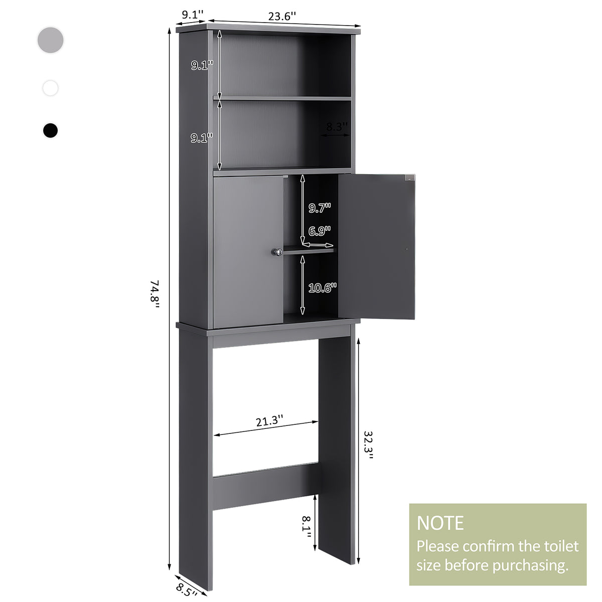 Meilocar Over the Toilet Storage Cabinet for Bathroom, 75in Black Over Toilet Cabinet Freestanding Storage Organizer, Space Saver with Doors and Adjustable Shelf