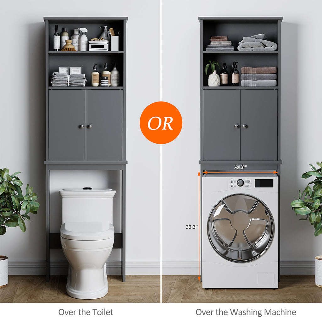 Meilocar Over the Toilet Storage Cabinet for Bathroom, 75in Black Over Toilet Cabinet Freestanding Storage Organizer, Space Saver with Doors and Adjustable Shelf