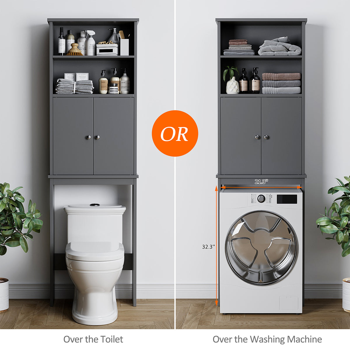 Meilocar Over the Toilet Storage Cabinet for Bathroom, 75in Black Over Toilet Cabinet Freestanding Storage Organizer, Space Saver with Doors and Adjustable Shelf