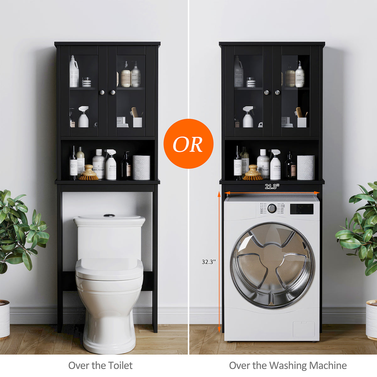 Meilocar Over the Toilet Storage Cabinet, Bathroom Storage Cabinet, 65.4 Inch Space Saver, Storage Organizer Over Toilet with Glass Doors and Adjustable Shelf