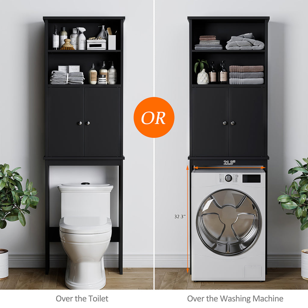 Meilocar Over the Toilet Storage Cabinet for Bathroom, 75in Black Over Toilet Cabinet Freestanding Storage Organizer, Space Saver with Doors and Adjustable Shelf