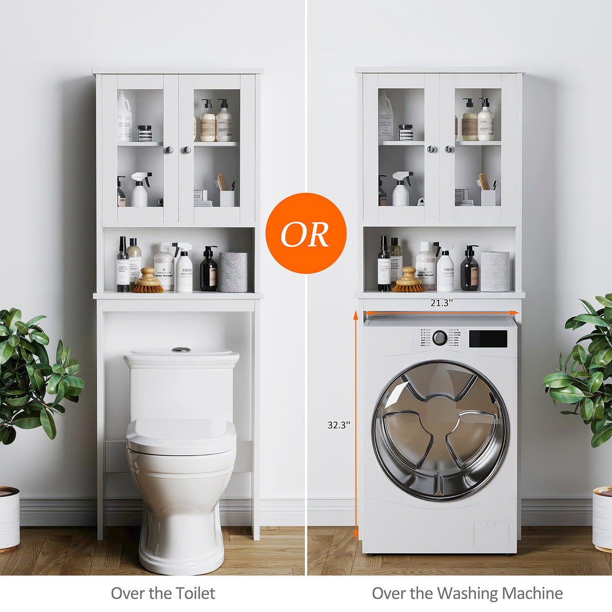 Meilocar Over the Toilet Storage Cabinet, Bathroom Storage Cabinet, 65.4 Inch Space Saver, Storage Organizer Over Toilet with Glass Doors and Adjustable Shelf