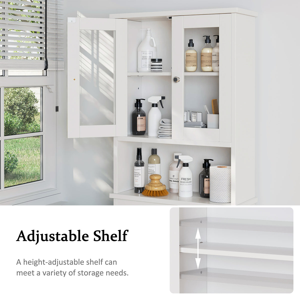 Meilocar Over the Toilet Storage Cabinet, Bathroom Storage Cabinet, 65.4 Inch Space Saver, Storage Organizer Over Toilet with Glass Doors and Adjustable Shelf