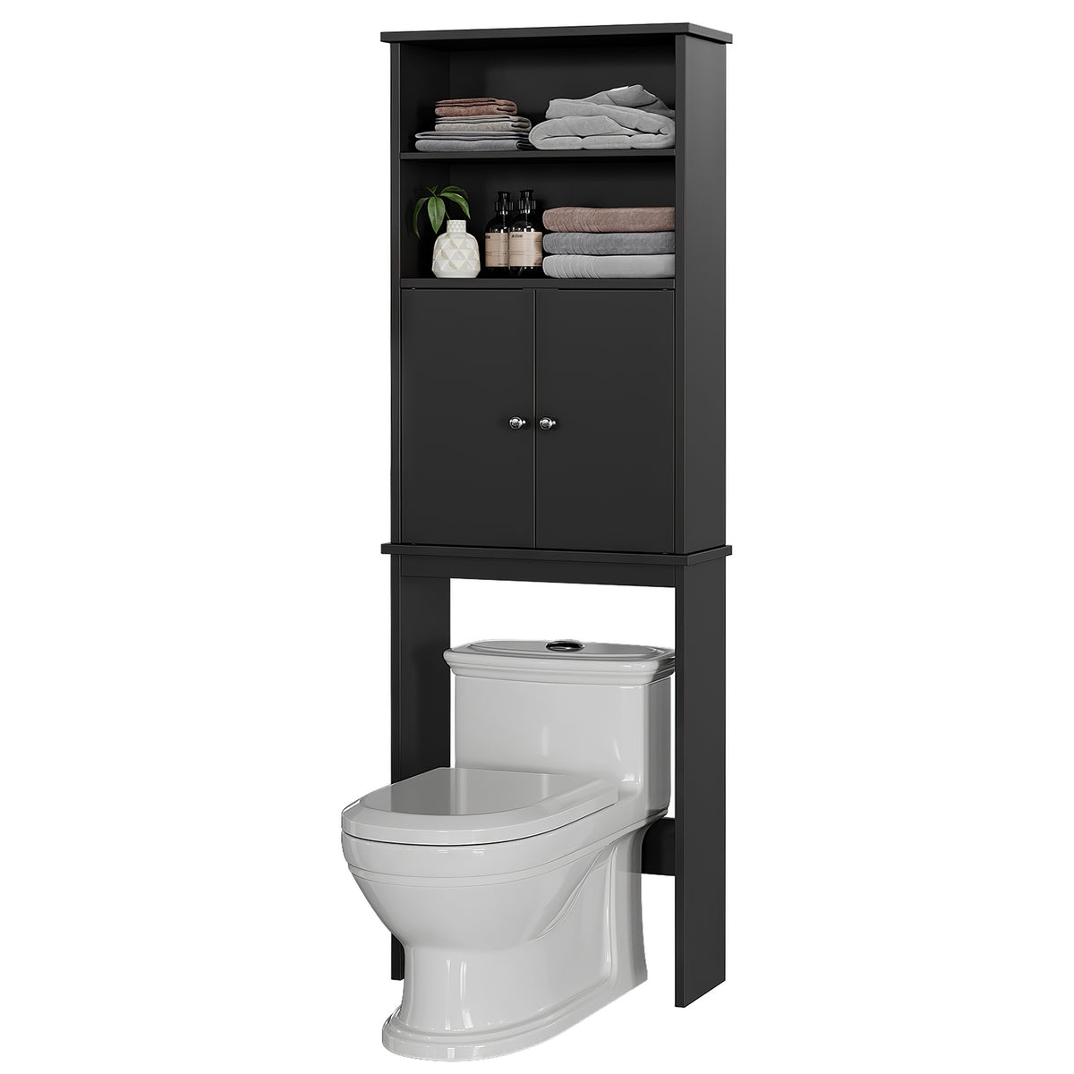 Meilocar Over the Toilet Storage Cabinet for Bathroom, 75in Black Over Toilet Cabinet Freestanding Storage Organizer, Space Saver with Doors and Adjustable Shelf