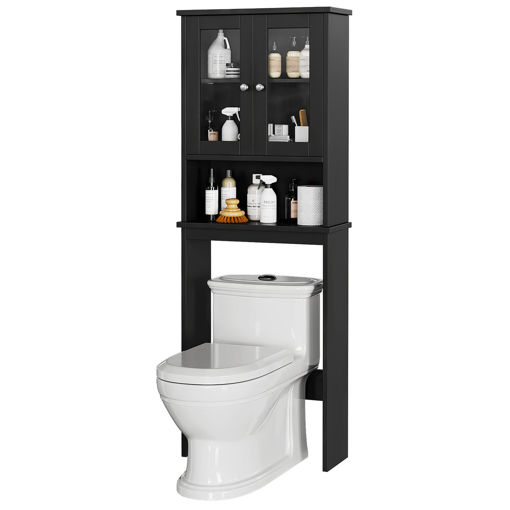 Meilocar Over the Toilet Storage Cabinet, Bathroom Storage Cabinet, 65.4 Inch Space Saver, Storage Organizer Over Toilet with Glass Doors and Adjustable Shelf