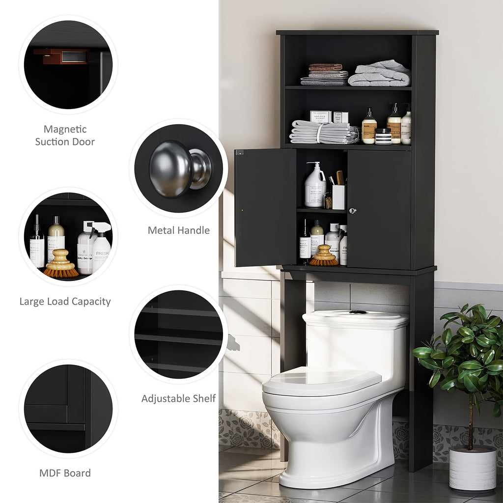 Meilocar Over the Toilet Storage Cabinet for Bathroom, 75in Black Over Toilet Cabinet Freestanding Storage Organizer, Space Saver with Doors and Adjustable Shelf