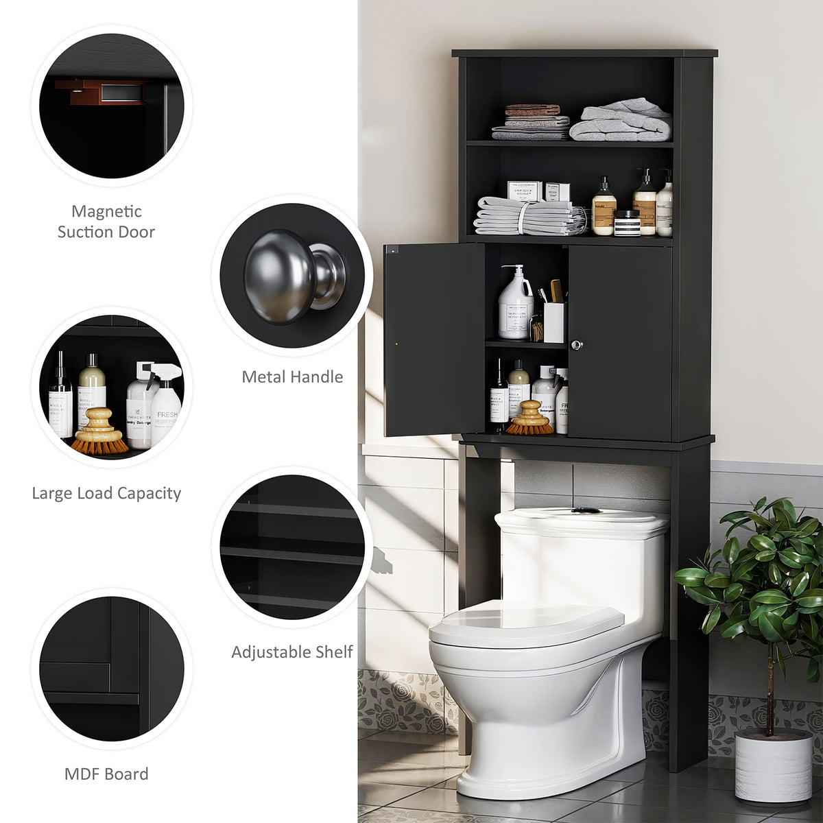 Meilocar Over the Toilet Storage Cabinet for Bathroom, 75in Black Over Toilet Cabinet Freestanding Storage Organizer, Space Saver with Doors and Adjustable Shelf