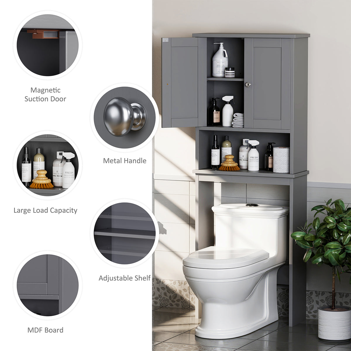 Meilocar Over the Toilet Storage Cabinet, Bathroom Storage Cabinet White Organizer Over Toilet, Bathroom Space Saver with Adjustable Shelf
