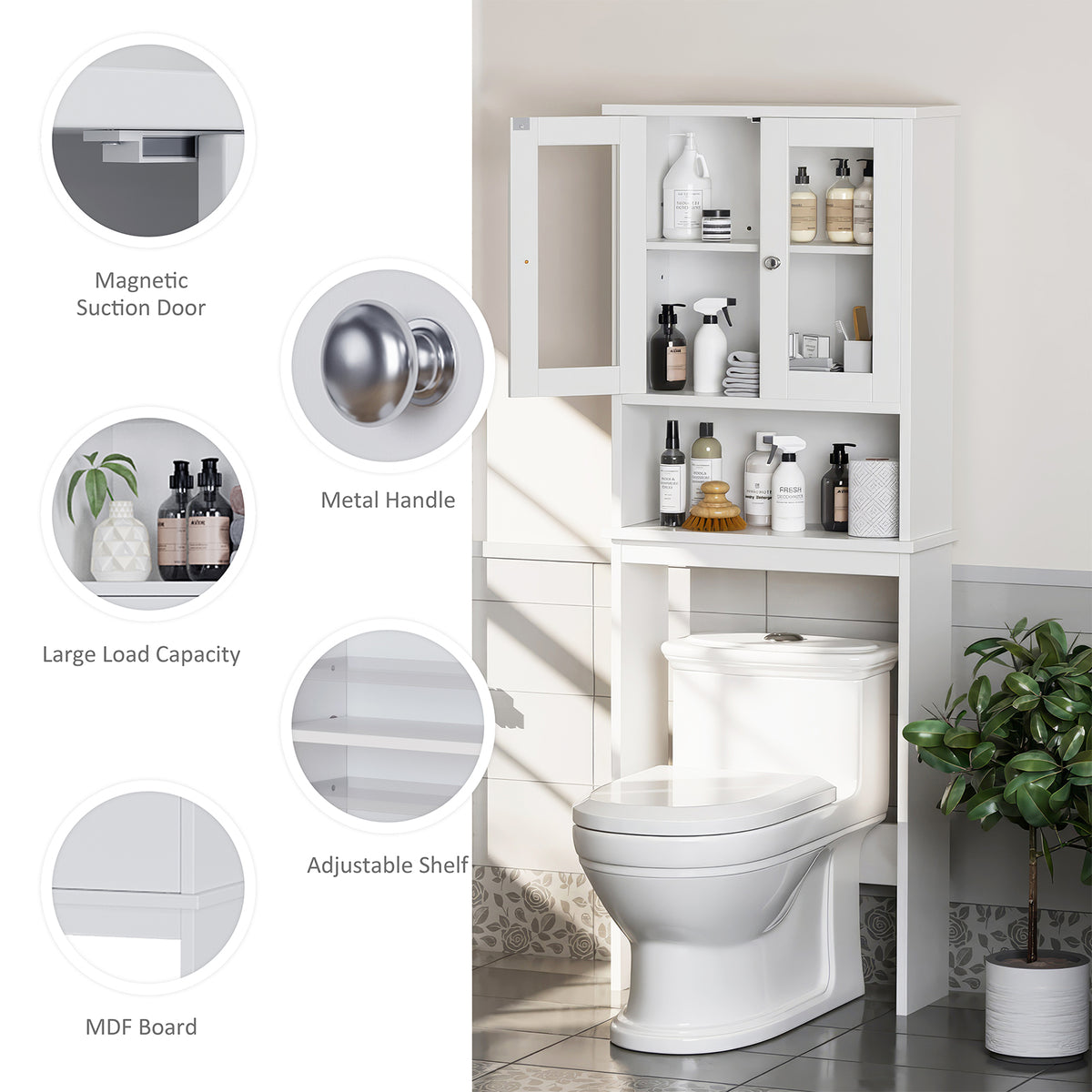 Meilocar Over the Toilet Storage Cabinet, Bathroom Storage Cabinet, 65.4 Inch Space Saver, Storage Organizer Over Toilet with Glass Doors and Adjustable Shelf