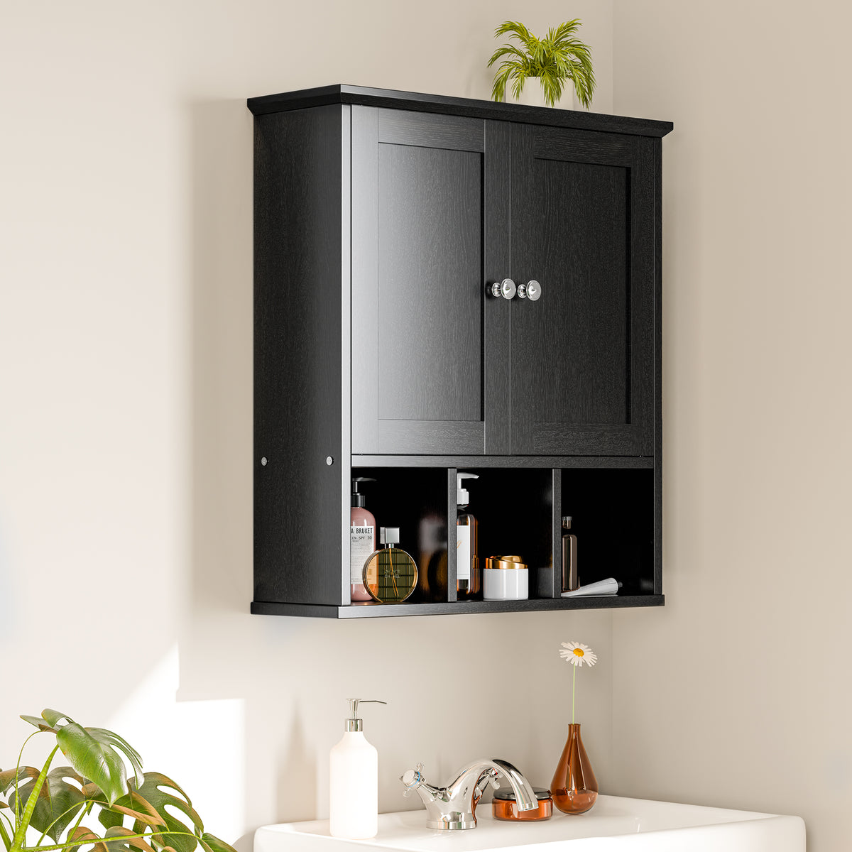 Meilocar Bathroom Wall Cabinet, Bathroom Cabinet Wall Mount with 2 Doors and 3 Open Shelves, Over the Toilet Wood Medicine Cabinets for Laundry Room