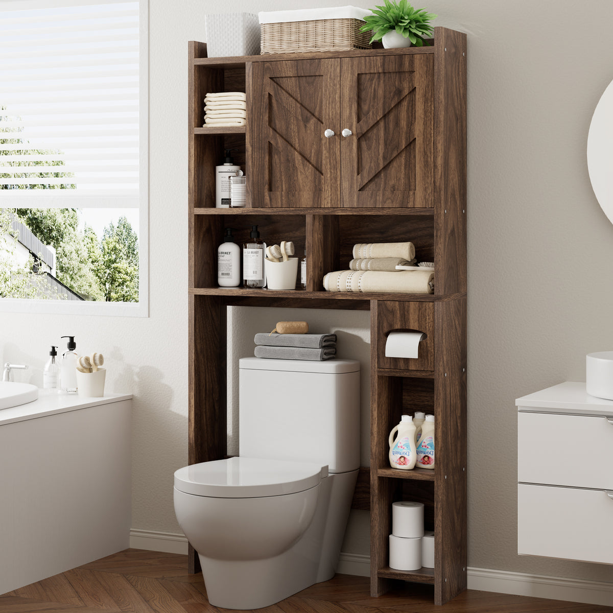 Meilocar Over the Toilet Storage Cabinet, Freestanding Storage Cabinet Over Toilet, Bathroom Storages Organizer Cabinets with Toilet Paper Holder Stand and Adjustable Shelf， Walnut