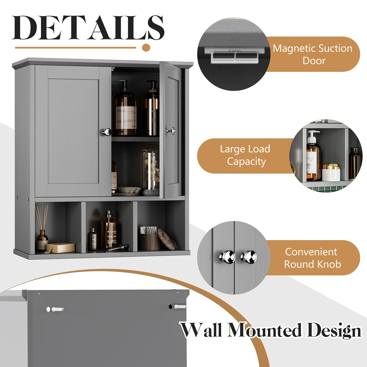 Meilocar Bathroom Wall Cabinet, Bathroom Cabinet Wall Mount with 2 Doors and 3 Open Shelves, Over the Toilet Wood Medicine Cabinets for Laundry Room