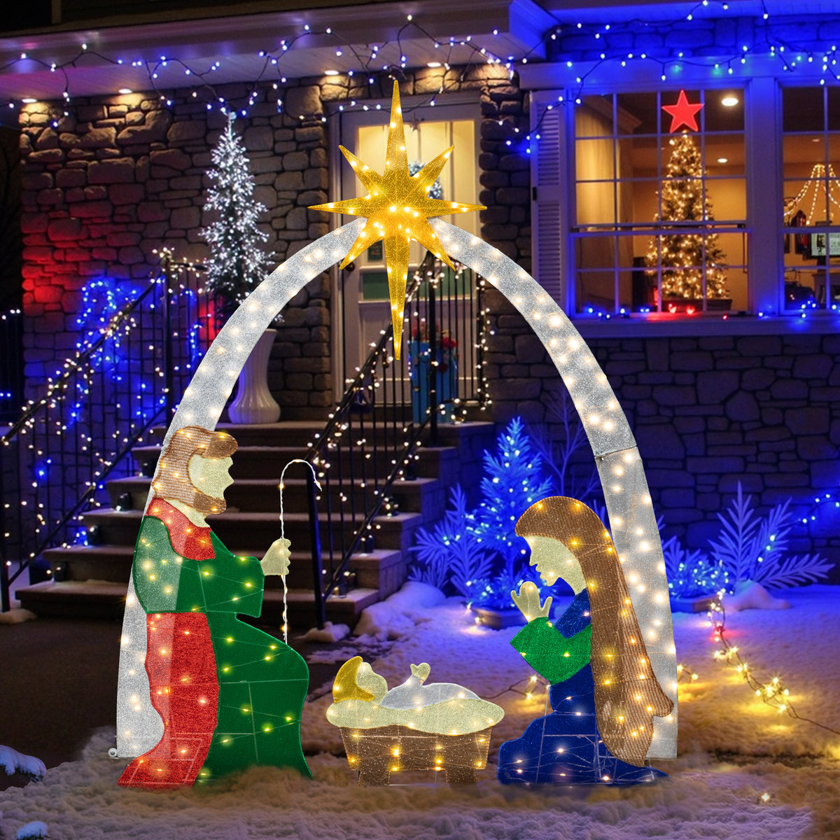 Meilocar 6 FT Nativity Scene Outdoor Christmas Decoration Lighted up Christmas Holiday Display, Nativity Scene Set with LED Lights Christmas Tree Decor, Birth of Jesus