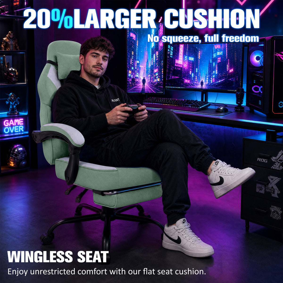Meilocar Gaming Chair with Footrest Fabric Gaming Chair for Adults with Massage Lumbar Support, High Back Ergonomic Computer Chair, Pocket Spring Cushion, 150°Reclining & Linkage Armrests