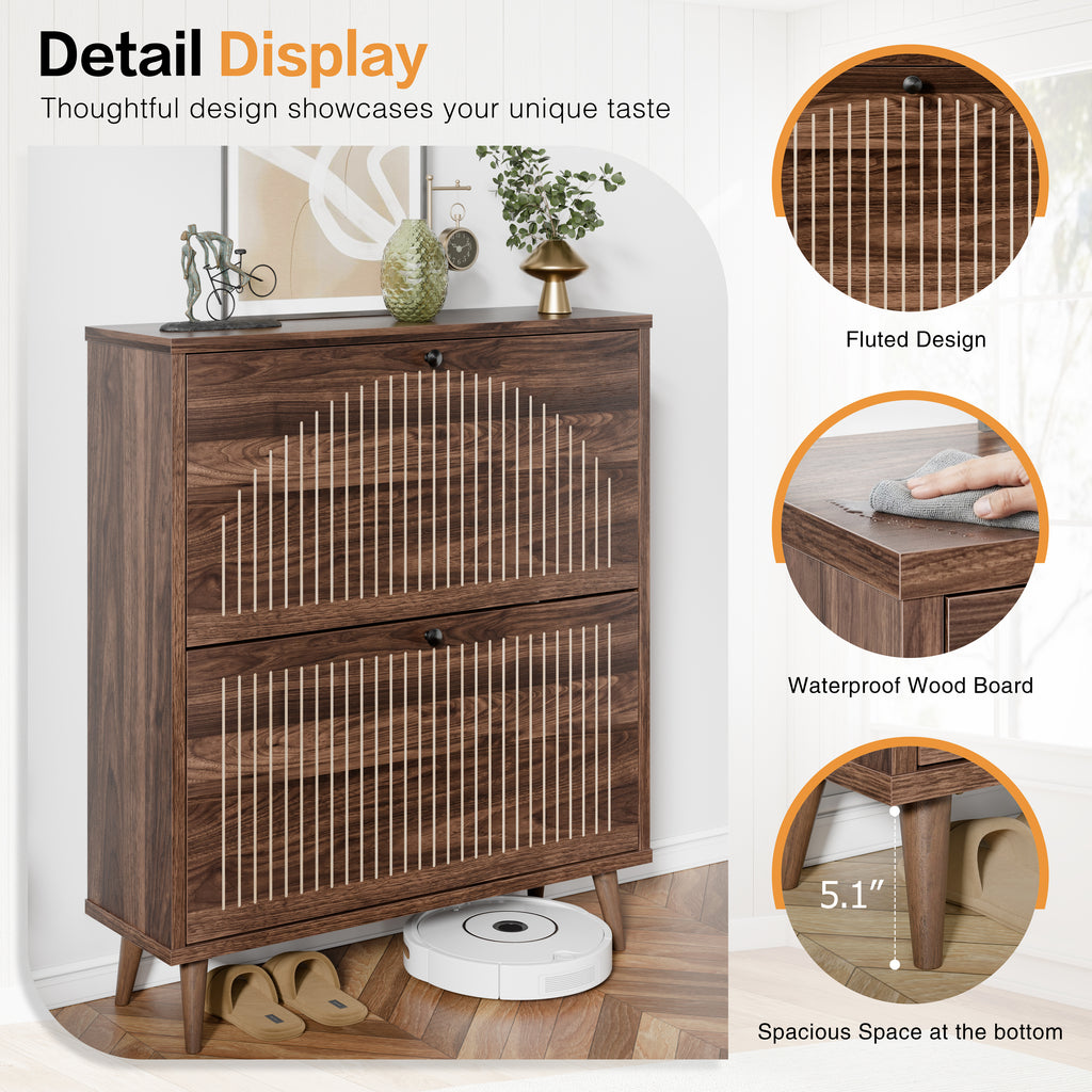 Shoe Cabinet with 2 Flip Drawers, Freestanding Wooden Shoe Storage Cabinet, Modern Fluted Shoe Organizer with Fluted Doors for Entryway, Hallway