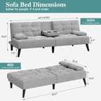 Meilocar 64" Futon Sofa Bed, Small Loveseat, Cup Holders, Small Couch with 3 Adjustable Angles, Removable Armrests, Small Sofa for Apartment, 5.3 FT