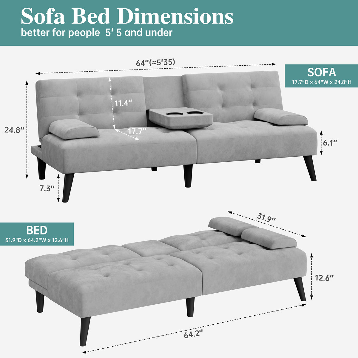 Meilocar 64" Futon Sofa Bed, Small Loveseat, Cup Holders, Small Couch with 3 Adjustable Angles, Removable Armrests, Small Sofa for Apartment, 5.3 FT