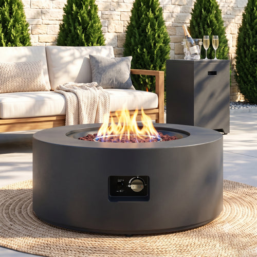 2-Piece Propane Fire Pit Table Set, 30 Inch 50,000 BTU, Includes Propane Tank Storage Side Table, Removable Flat Lid, Lava Rocks, Weather-Resistant Design for Outdoor Patio Deck