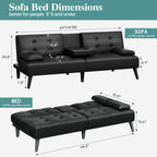 64" Futon Sofa Bed, Small Couch with 2 Cup Holders, PU Leather, Black
