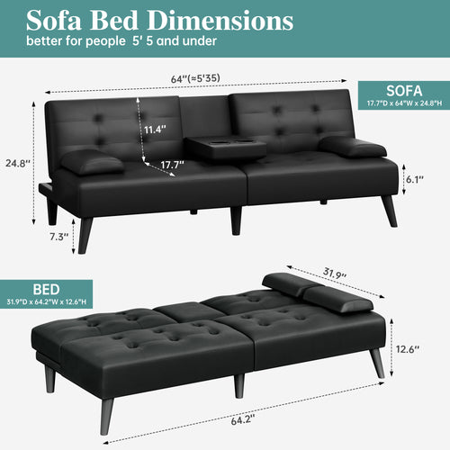 64" Futon Sofa Bed, Small Couch with 2 Cup Holders, PU Leather, Black