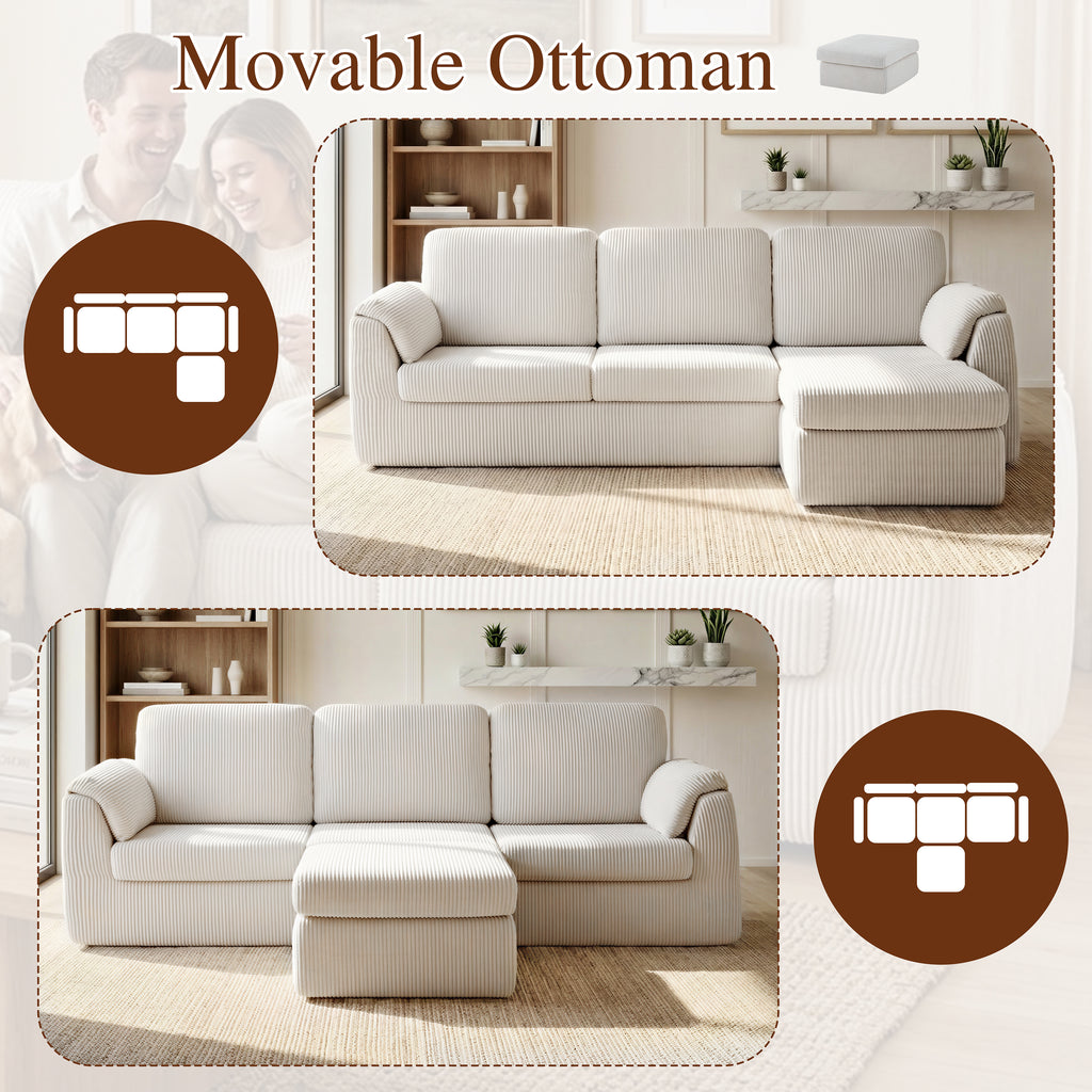 Meilocar Sectional Couches for Living Room Cloud Couch with Ottoman, Upholstered Boneless Couches Modern Modular L Shaped Couch 3 Seater Sofa, No Assembly Required, Washable Covers