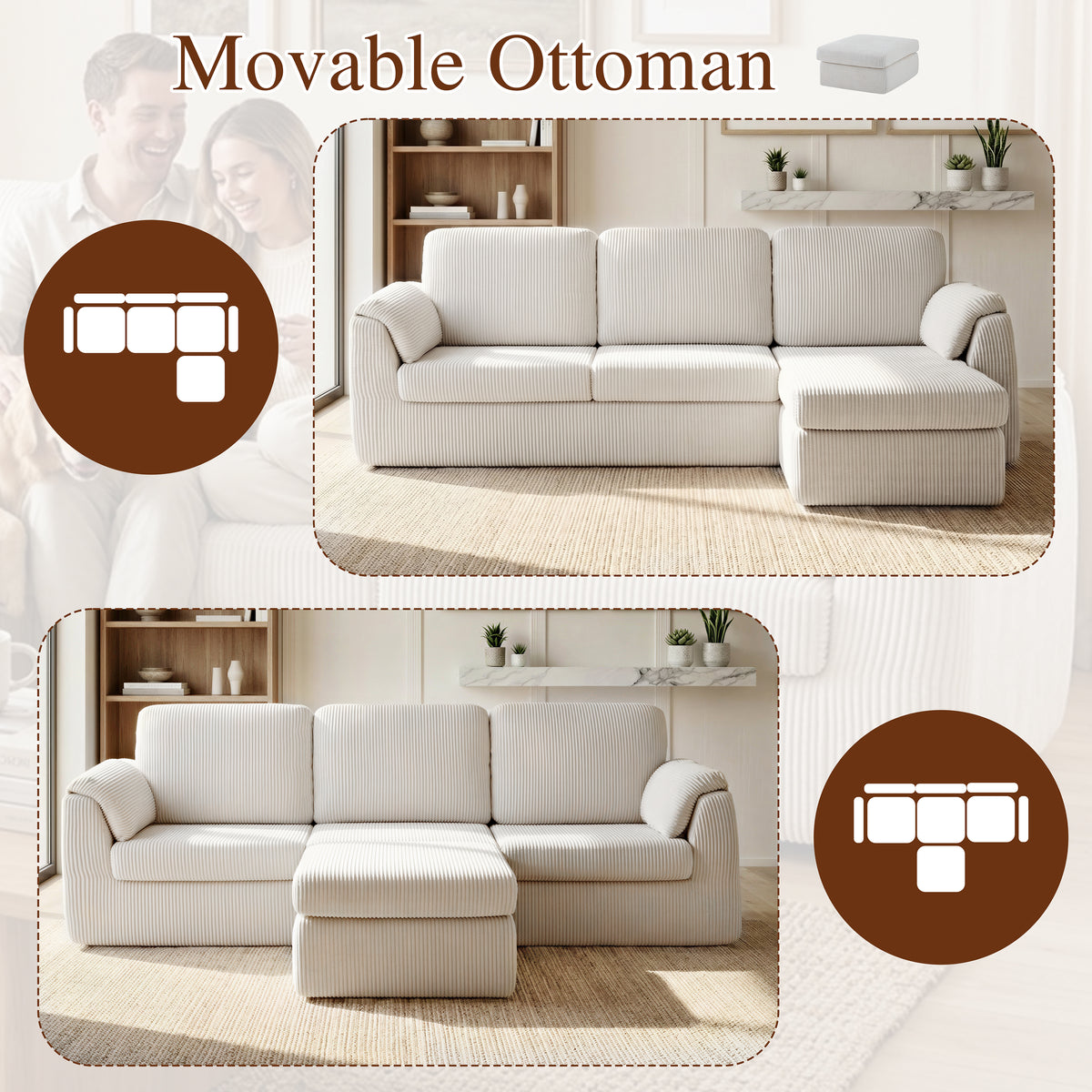 Meilocar Sectional Couches for Living Room Cloud Couch with Ottoman, Upholstered Boneless Couches Modern Modular L Shaped Couch 3 Seater Sofa, No Assembly Required, Washable Covers