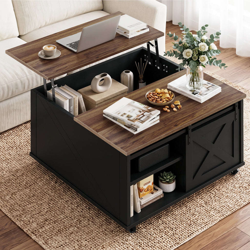Meilocar Lift Top Coffee Table with Wheels 31" Square - Farmhouse, Black Features a rustic wood lift top, hidden storage, adjustable shelf, and sliding barn door to keep living rooms organized.