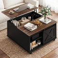 Meilocar Lift Top Coffee Table with Wheels 31" Square - Farmhouse, Black Features a rustic wood lift top, hidden storage, adjustable shelf, and sliding barn door to keep living rooms organized.