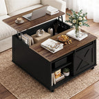 Meilocar Lift Top Coffee Table with Wheels 31" Square - Farmhouse, Black Features a rustic wood lift top, hidden storage, adjustable shelf, and sliding barn door to keep living rooms organized.