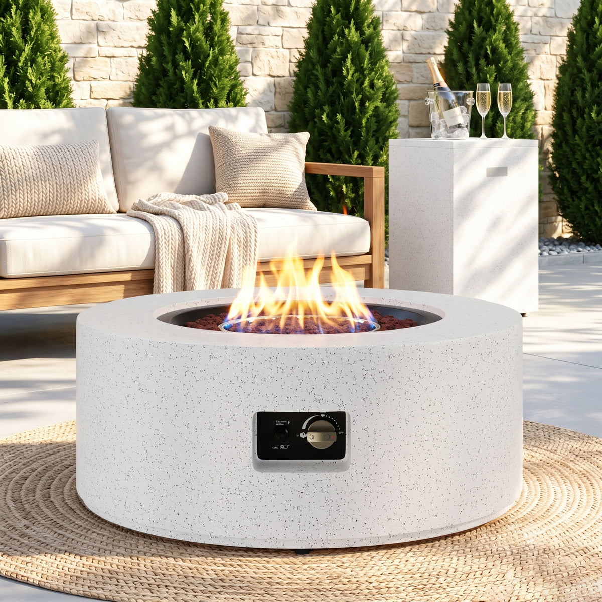 Meilocar 2-Piece Propane Fire Pit Table Set, 30 Inch 50,000 BTU, Includes Propane Tank Storage Side Table, Removable Flat Lid, Lava Rocks, Weather-Resistant Design for Outdoor Patio Deck
