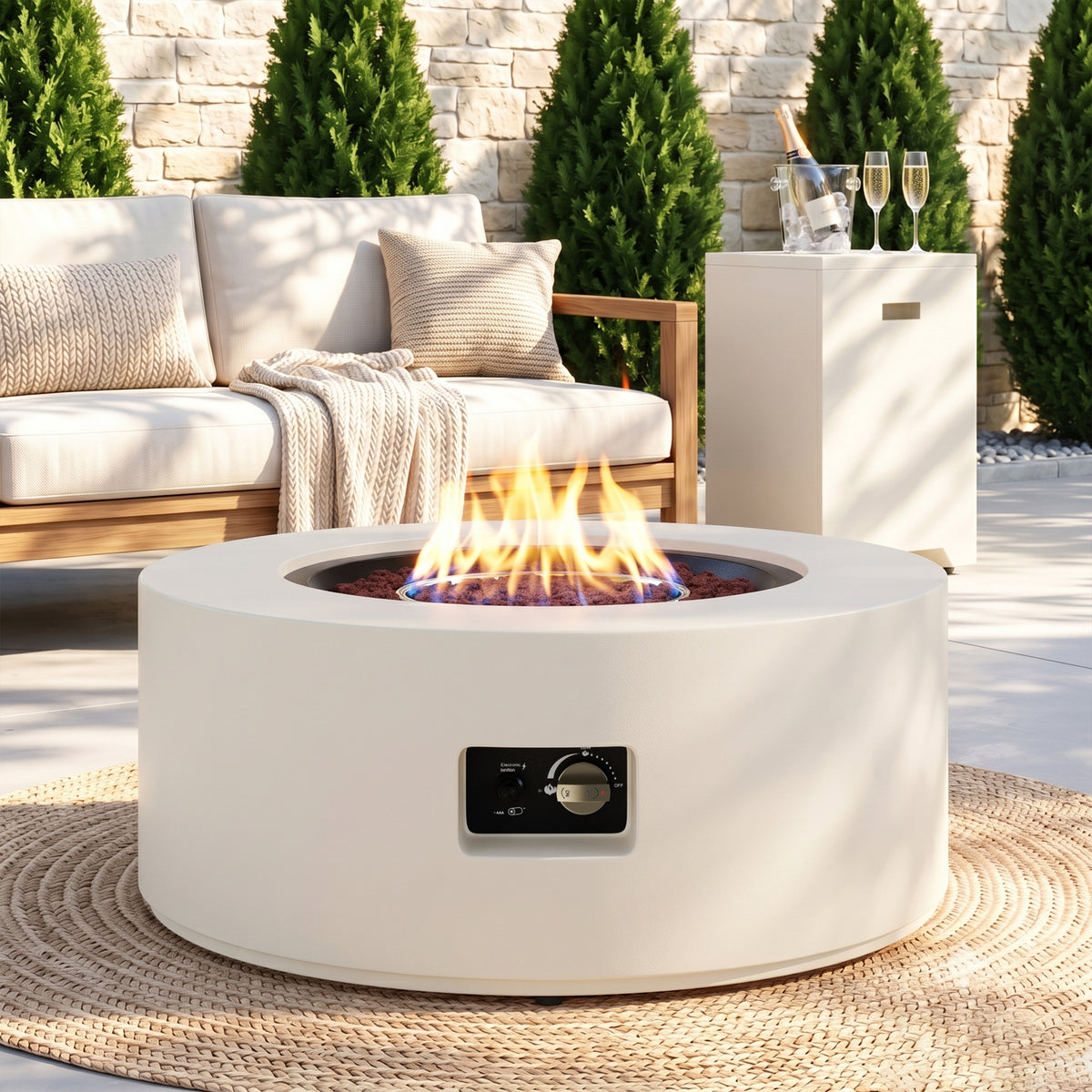 Meilocar 2-Piece Propane Fire Pit Table Set, 30 Inch 50,000 BTU, Includes Propane Tank Storage Side Table, Removable Flat Lid, Lava Rocks, Weather-Resistant Design for Outdoor Patio Deck