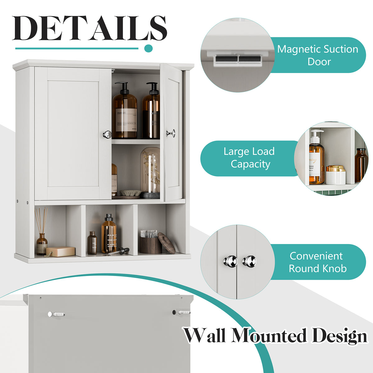 Meilocar Bathroom Wall Cabinet, Bathroom Cabinet Wall Mount with 2 Doors and 3 Open Shelves, Over the Toilet Wood Medicine Cabinets for Laundry Room