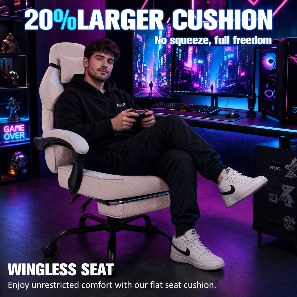 Meilocar Gaming Chair with Footrest Fabric Gaming Chair for Adults with Massage Lumbar Support, High Back Ergonomic Computer Chair, Pocket Spring Cushion, 150°Reclining & Linkage Armrests