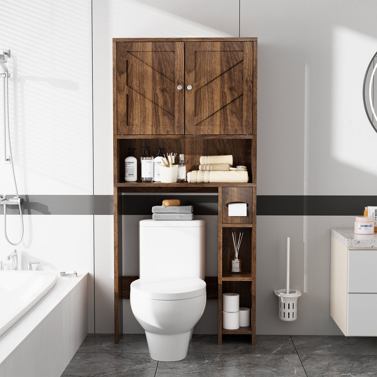 Meilocar Over Toilet Storage Cabinet with Toilet Paper Holder Stand, Freestanding Bathroom Storage Cabinet Over Toilet Organizer Space Saver W/Adjustable Shelf,