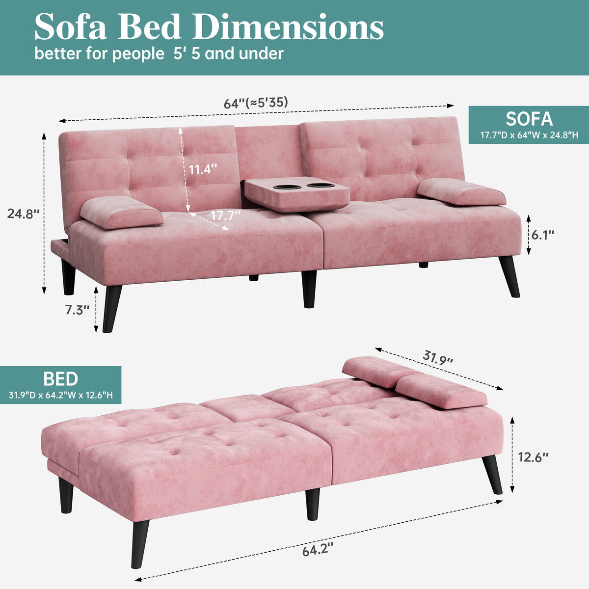 Meilocar 64" Futon Sofa Bed, Small Loveseat, Cup Holders, Small Couch with 3 Adjustable Angles, Removable Armrests, Small Sofa for Apartment, 5.3 FT