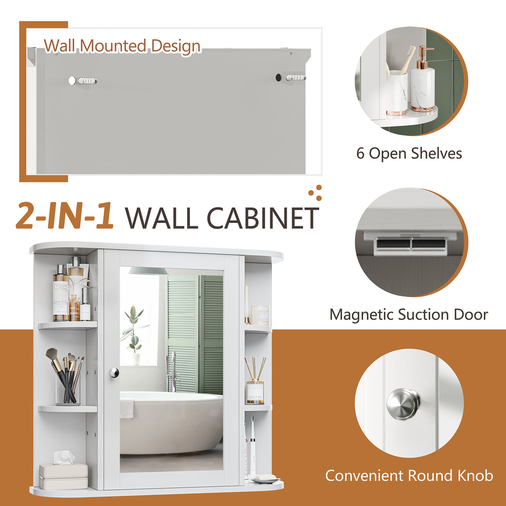 Meilocar Bathroom Medicine Cabinet, Bathroom Mirror Cabinet Wall Mounted with 6 Side Open Shelves, White Wall Cabinet with Mirror