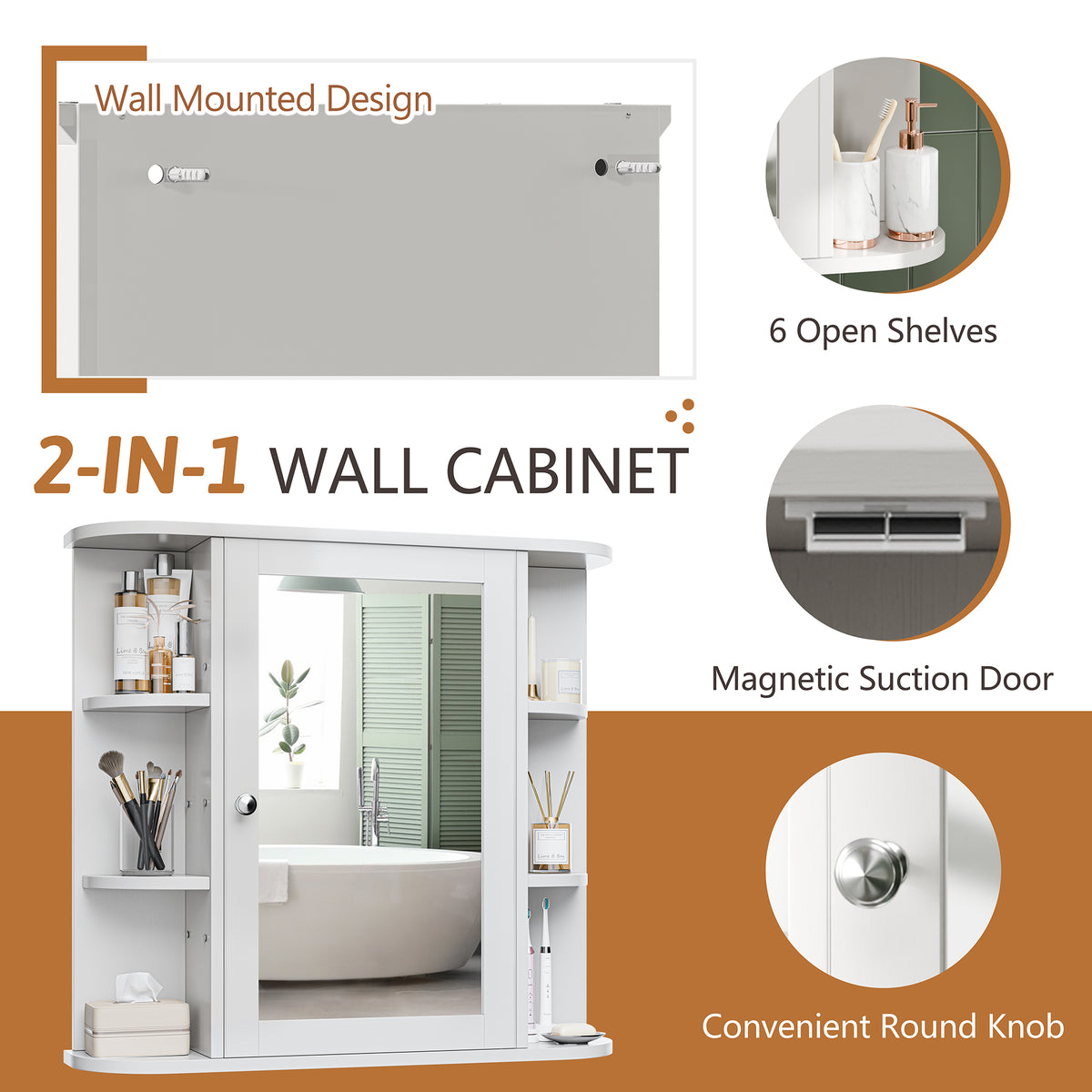 Meilocar Bathroom Medicine Cabinet, Bathroom Mirror Cabinet Wall Mounted with 6 Side Open Shelves, White Wall Cabinet with Mirror