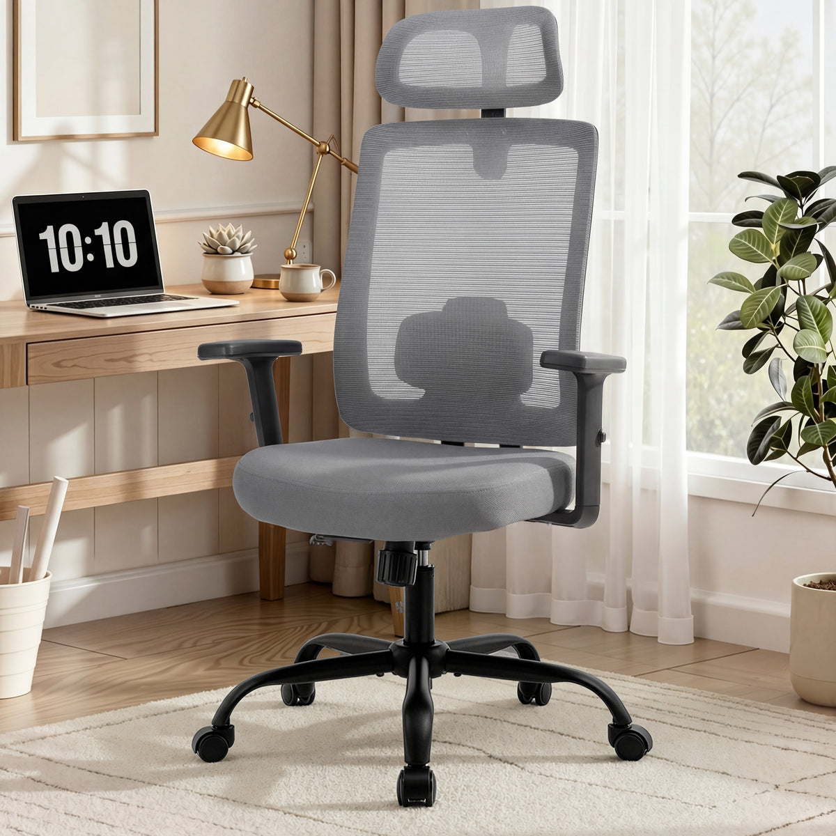 Meilocar Ergonomic Office Chair, Office Desk Chair with High Back Mesh and Adjustable Lumbar Support, Rolling Work Chairs with Wheels and Adjustable Headrests, Wide Cushion