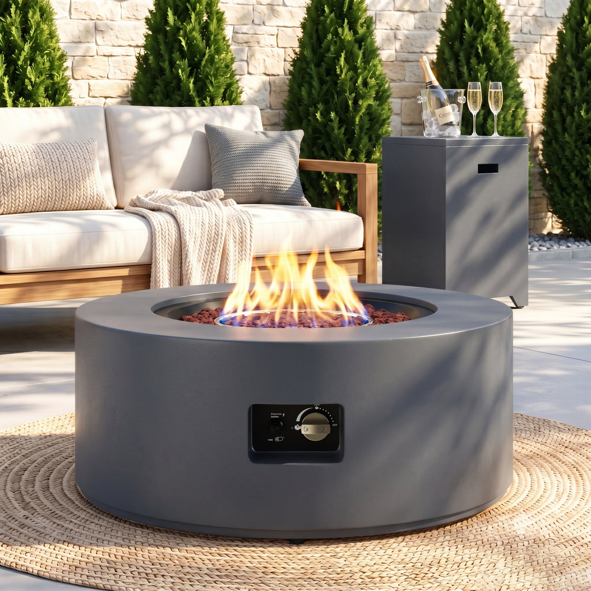 Meilocar 2-Piece Propane Fire Pit Table Set, 30 Inch 50,000 BTU, Includes Propane Tank Storage Side Table, Removable Flat Lid, Lava Rocks, Weather-Resistant Design for Outdoor Patio Deck