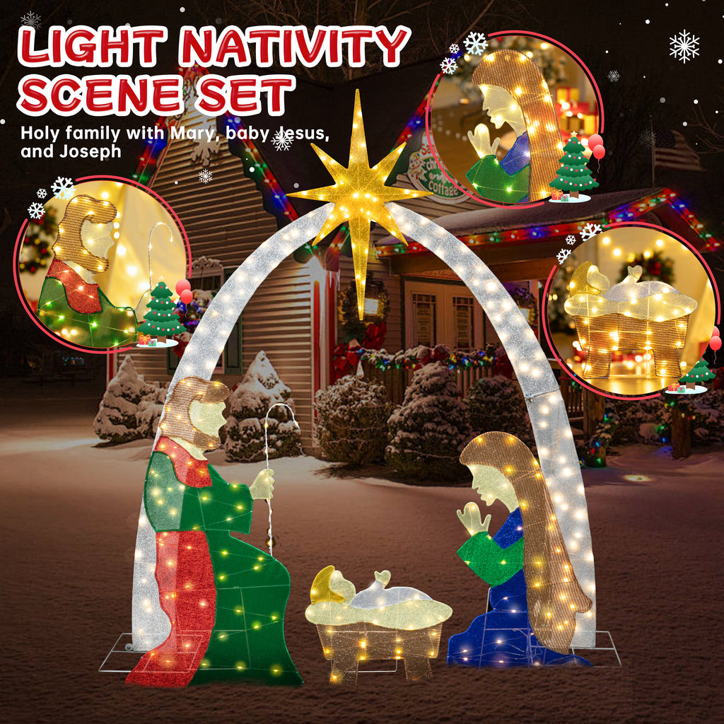 Meilocar 6 FT Nativity Scene Outdoor Christmas Decoration Lighted up Christmas Holiday Display, Nativity Scene Set with LED Lights Christmas Tree Decor, Birth of Jesus