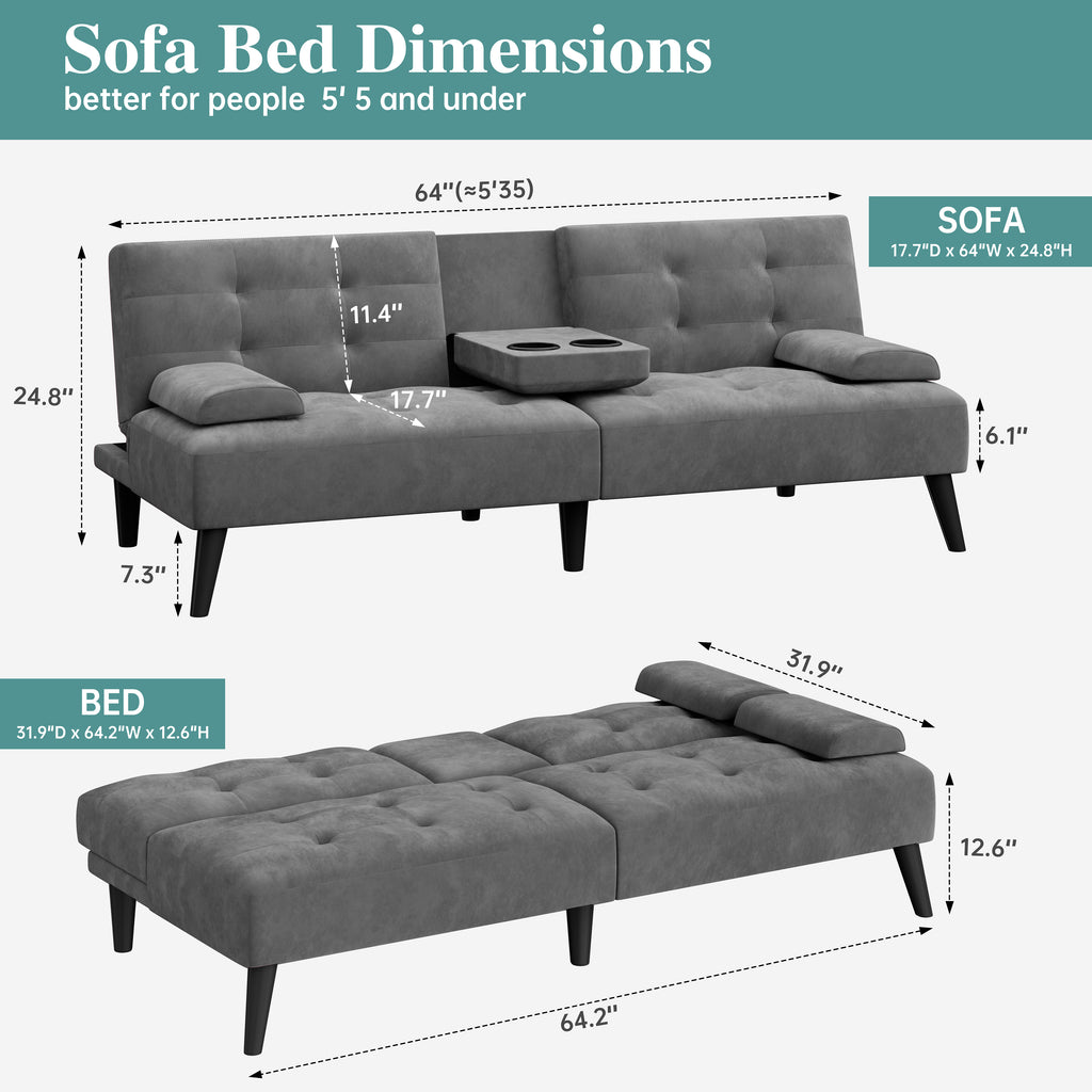 Meilocar 64" Futon Sofa Bed, Small Loveseat, Cup Holders, Small Couch with 3 Adjustable Angles, Removable Armrests, Small Sofa for Apartment, 5.3 FT