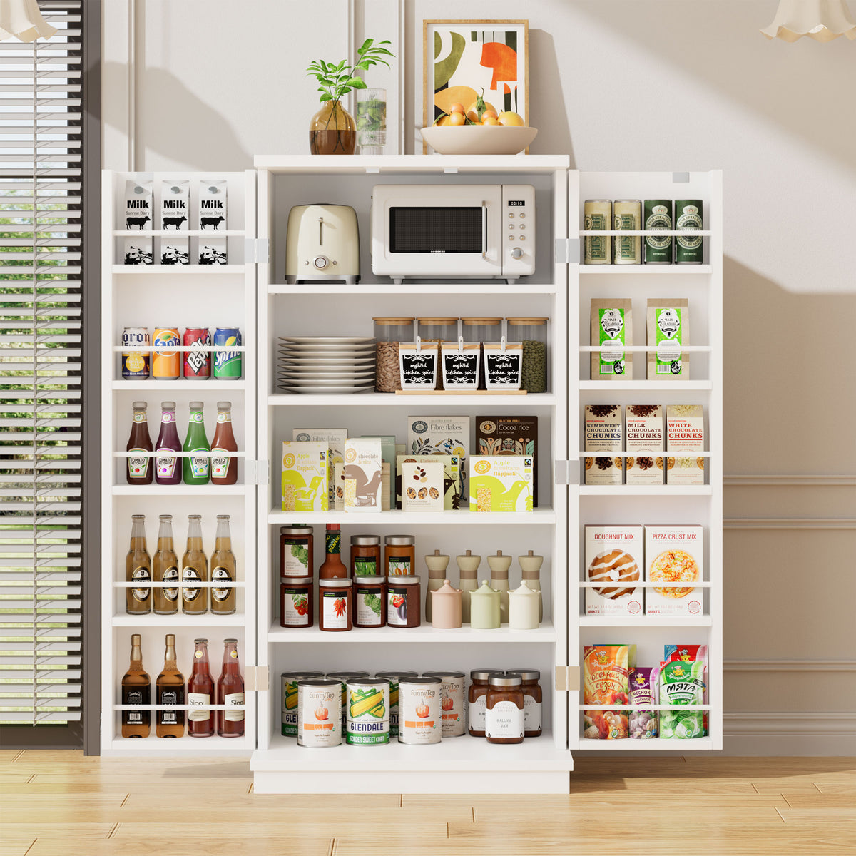 Meilocar 47in Kitchen Pantry Cabinet, Wood Kitchen Storage Pantry Cabinets Freestanding Pantries Cabinets with Doors & Adjustable Shelves