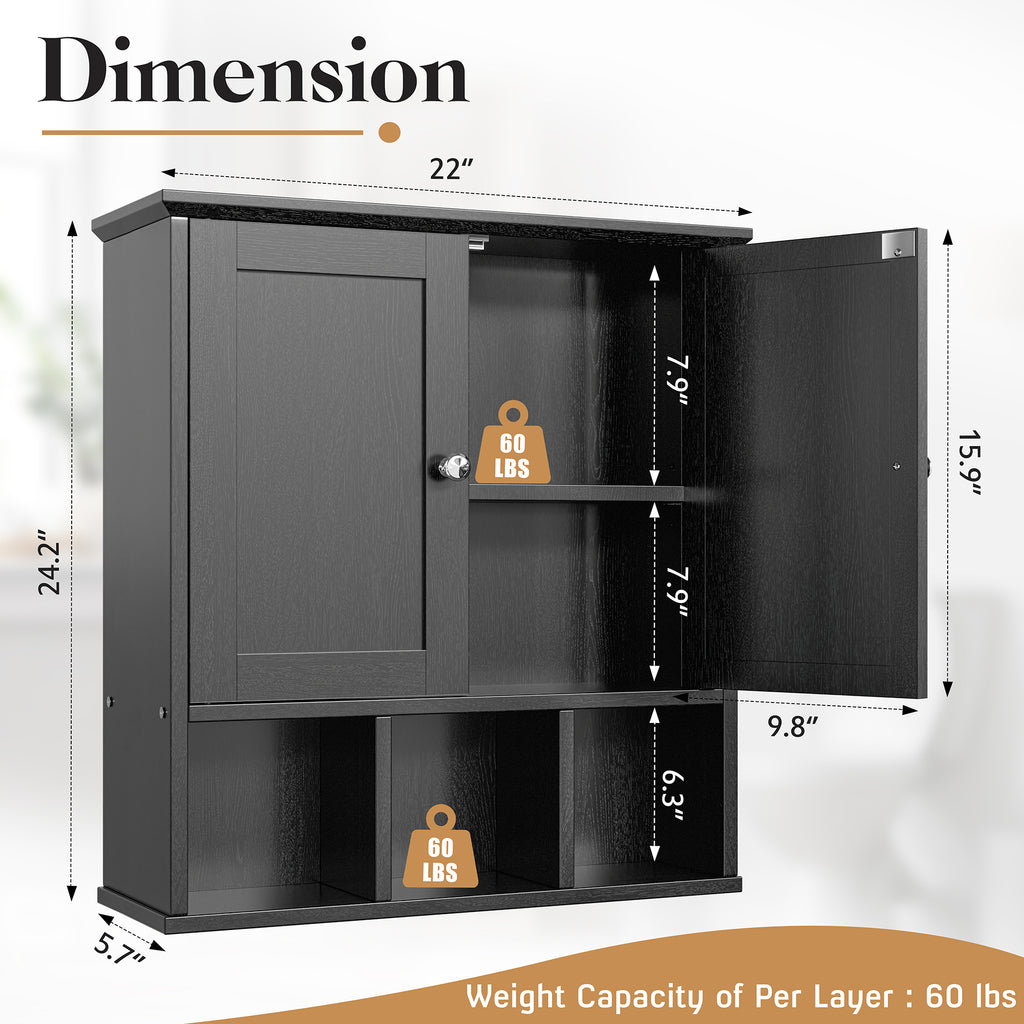 Meilocar Bathroom Wall Cabinet, Bathroom Cabinet Wall Mount with 2 Doors and 3 Open Shelves, Over the Toilet Wood Medicine Cabinets for Laundry Room