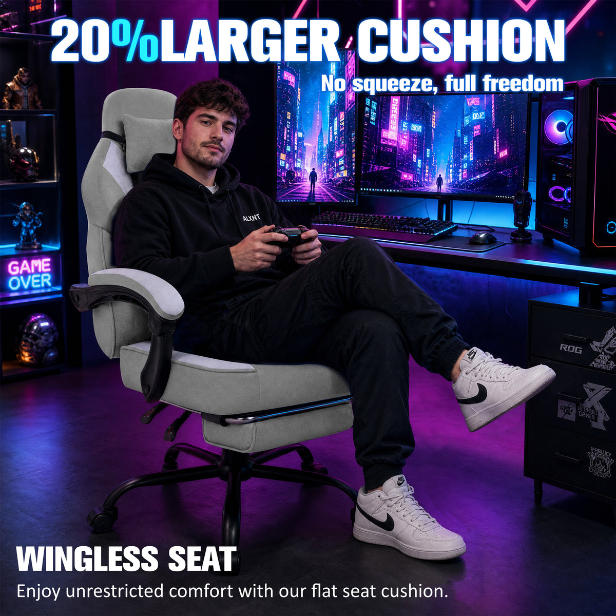 Meilocar Gaming Chair with Footrest Fabric Gaming Chair for Adults with Massage Lumbar Support, High Back Ergonomic Computer Chair, Pocket Spring Cushion, 150°Reclining & Linkage Armrests