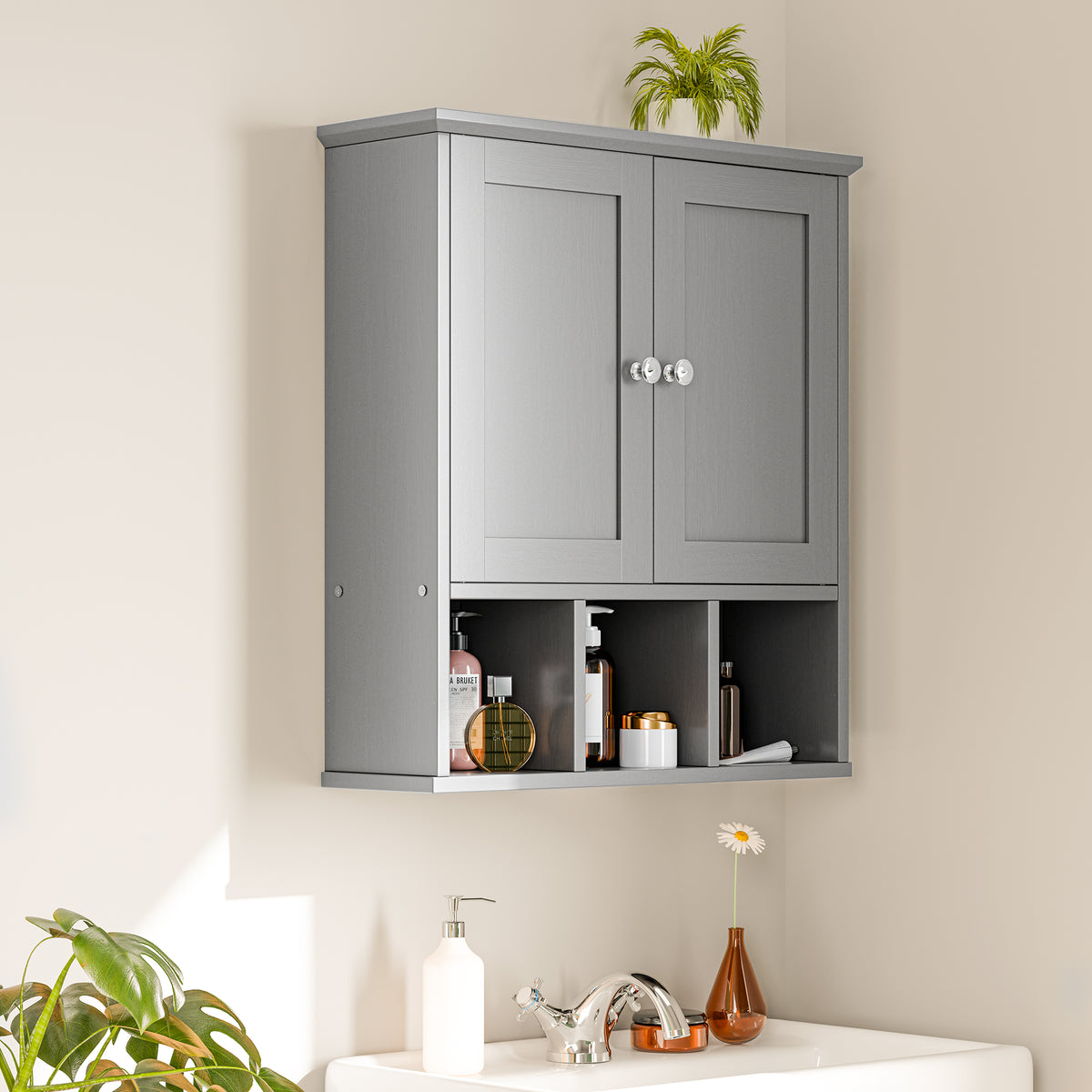 Meilocar Bathroom Wall Cabinet, Bathroom Cabinet Wall Mount with 2 Doors and 3 Open Shelves, Over the Toilet Wood Medicine Cabinets for Laundry Room