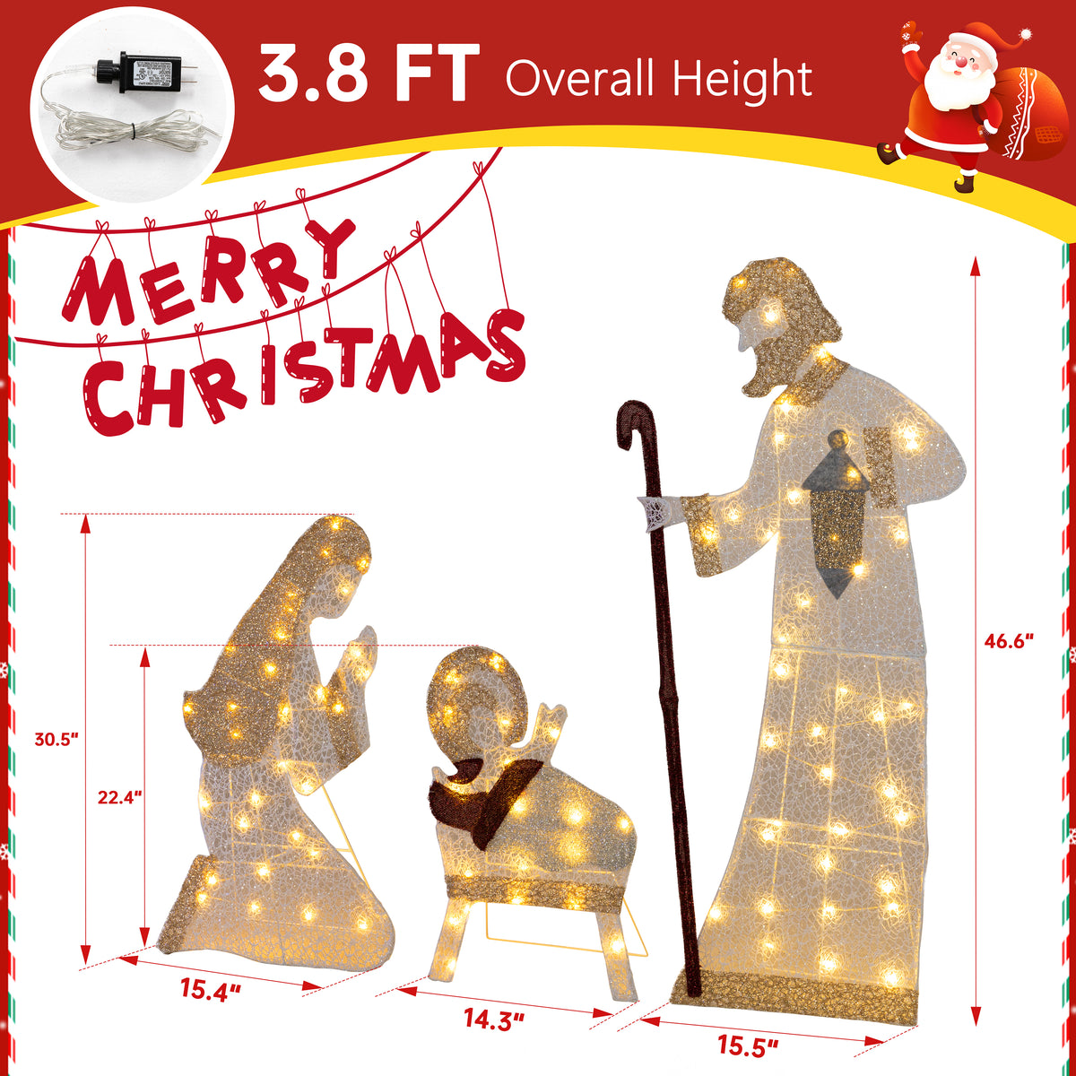 3.8FT Christmas Nativity Scene Set Outdoor Decoration, 3 PC Holy Family Outdoor Decorations Nativity Set Christmas Decoration Holiday for Yard Lawn Home, Mary Joseph Jesus Visit the Meilocar Store