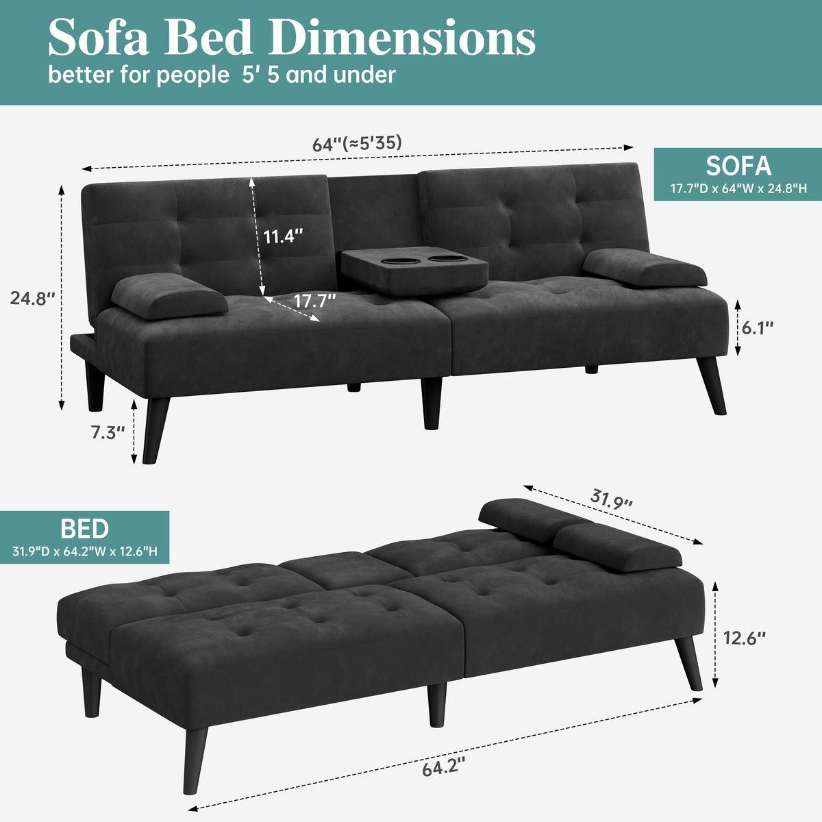 Meilocar 64" Futon Sofa Bed, Small Loveseat, Cup Holders, Small Couch with 3 Adjustable Angles, Removable Armrests, Small Sofa for Apartment, 5.3 FT